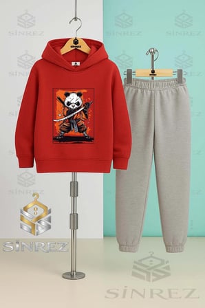 Çocuk Unısex PANDA NINJA KILICLI NOTA Kapşonlu Eşofman Takımı