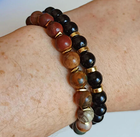 Doğal Jasper & Oniks & Altın Hematit Uniseks Bileklik Seti
