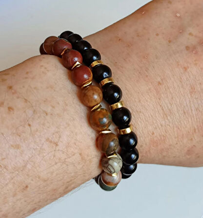 Doğal Jasper & Oniks & Altın Hematit Uniseks Bileklik Seti