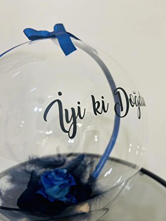 Mavi Şeffaf Balon Kutusu Yazılı Kuş Tüyü Ve Solmayan Gül Detaylı Premium Özel Hediye