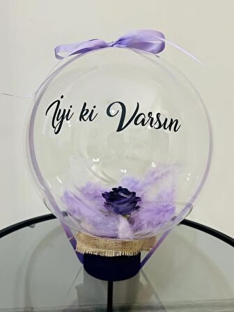  Mor Şeffaf Balon Kutusu Yazılı Kuş Tüyü Ve Solmayan Gül Detaylı Premium Özel Hediye