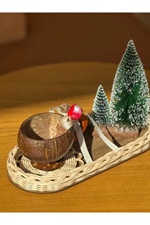 Doğal Rattan 4’lü Kış Dekoru Seti – Tepsi, Kupa, Bardak Altlığı, Mini Çam Ağacı