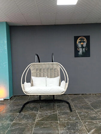 Bahçe balkon salıncağı ip örgü iki kişilik Krem 