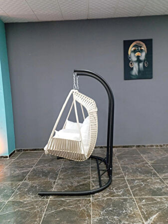 Bahçe balkon salıncağı ip örgü iki kişilik Krem 