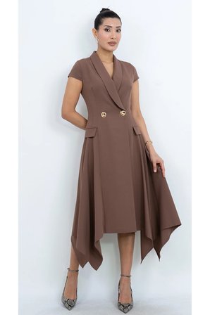 Asimetrik Kesim Düğme Detaylı Blazer Yaka Midi Elbise - Düğün - Mezuniyet - Ofis Şıklığı