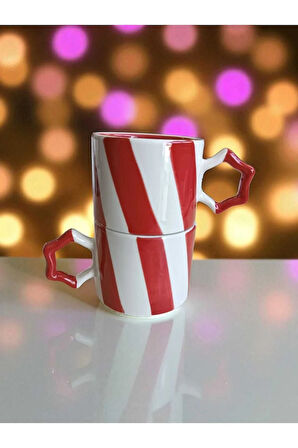 2 li El İşi Şeritli İki Renk Doğal Seramik Mug Kupa Çay / Cappuccino Fincanı