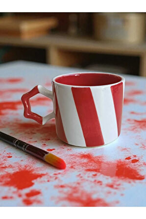 2 li El İşi Şeritli İki Renk Doğal Seramik Mug Kupa Çay / Cappuccino Fincanı