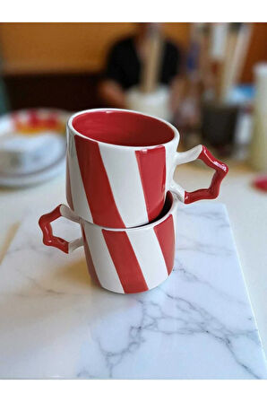2 li El İşi Şeritli İki Renk Doğal Seramik Mug Kupa Çay / Cappuccino Fincanı
