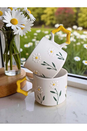 2 li El İşi Papatya Bahçesi İşlemeli Doğal Seramik Mug Kupa Çay / Cappuccino Fincanı