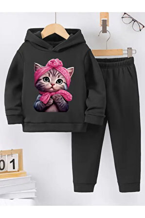 Kız Çocuk Şeker Kedi? Baskılı  Pamuklu Alt Üst Çocuk Takım