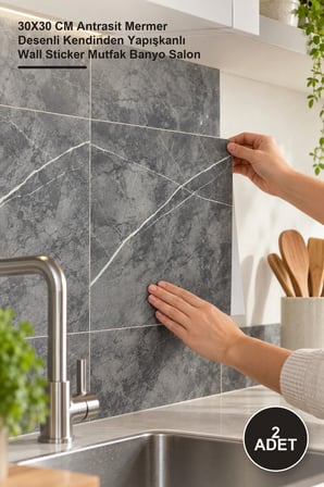 2 Adet Duvar Sticker – 30X30 CM Antrasit Mermer Desenli Kendinden Yapışkanlı Wall Sticker Mutfak Banyo Salon