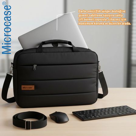 Microcase Su Geçirmez 3 Bölmeli Darbelere Dayanıklı Tablet Notebook Macbook Evrak Çantası 14 inch AL5496 - SİYAH