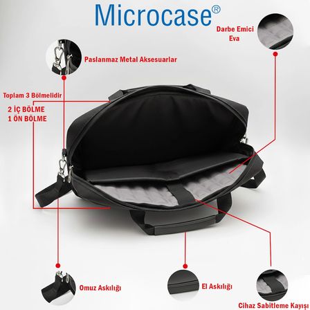 Microcase Su Geçirmez 3 Bölmeli Darbelere Dayanıklı Tablet Notebook Macbook Evrak Çantası 14 inch AL5496 - SİYAH