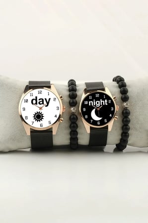 Day and Night Ay ve Güneş Çift Kol Saati Set Bileklik Hediye Özel Sevgili Saatleri