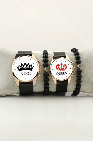 King and Queen Taç Simge Çift Kol Saati Set Bileklik Hediye Özel Sevgili Saatleri