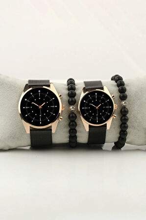 Sade Kadran İkili Rakam Çift Kol Saati Set Bileklik Hediye Özel Sevgili Saatleri