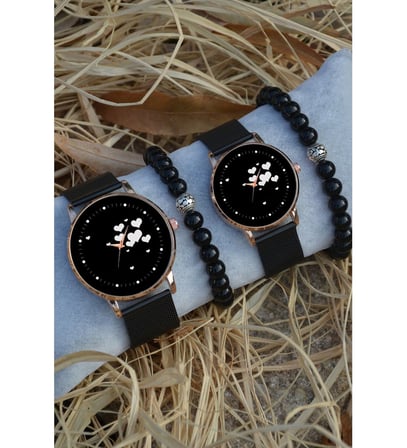 Siyah Rose Gold Hasır Çift Kalpli Saat Ve Bileklik Hediyeli Çift Sevgili Saatleri