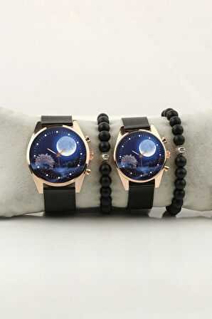 Mavi Ay Parçası Gökyüzü Gece Çift Kol Saati Set Bileklik Hediye Özel Sevgili Saatleri