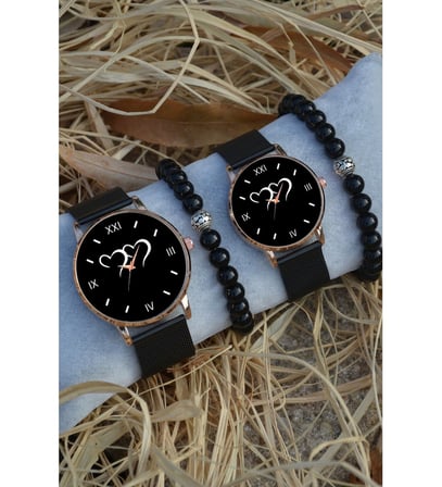 Siyah Rose Gold Hasır Çift Kalp Desenli Saat Ve Bileklik Hediyeli Çift Sevgili Saatleri