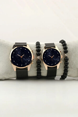 Yıldızlar Gökyüzü Uzay Gold Çift Kol Saati Set Bileklik Hediye Sevgili Saatleri