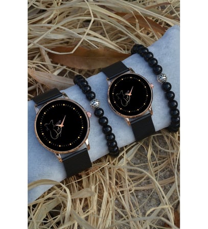 Siyah Rose Gold Hasır Çift Kedili Love Saat Ve Bileklik Çift Sevgili Saatleri