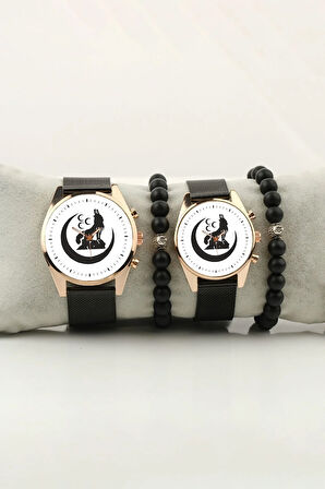 Bozkurt 3 Hilal Simge Gold Çift Kol Saati Set Bileklik Hediye Sevgili Saatleri