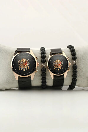 Osmanlı Tuğra Renkli Sade Gold Çift Kol Saati Set Bileklik Hediye