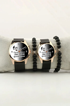 Atatürk Zaman Başladı Zaman Durdu Geçişli Gold Çift Kol Saati Set Bileklik Hediye