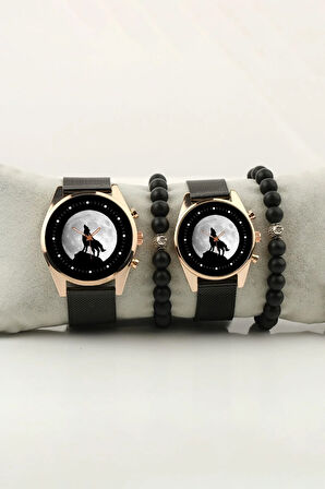 Uluyan Kurt Ay Simge Gold Çift Kol Saati Set Bileklik Hediye Bay