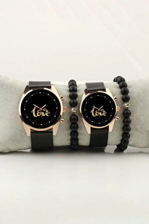 Love Yazı Siyah Zemin Sade Gold Çift Kol Saati Set Bileklik Hediye Bay