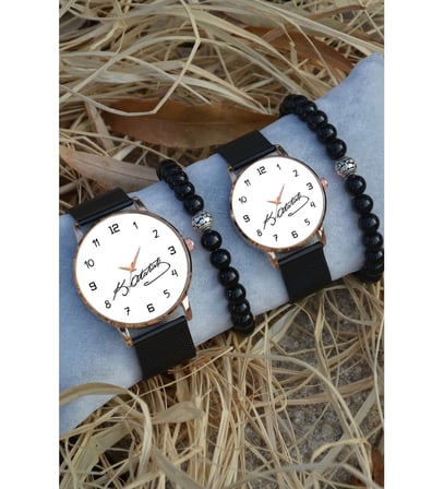 Siyah Rose Gold Hasır Çift Atatürk Imzalı Saat Ve Bileklik Çift Sevgili Saatleri