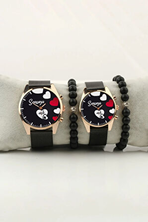 Sonsuz Aşk Kalpler Gold Çift Kol Saati Set Bileklik Hediye Bay