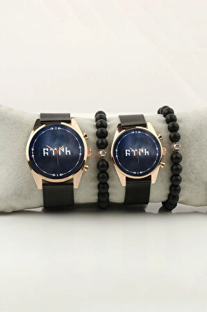 Göktürk Türk Yazılı Mavi Zemin Çift Kol Saati Set Bileklik Hediye Bay