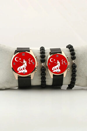 Bozkurt Temalı Kırmızı Zemin Çift Kol Saati Set Bileklik Hediye Bay