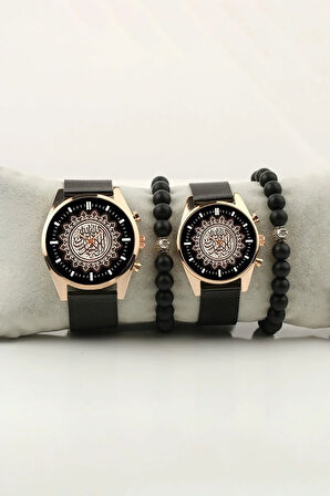 Kelime-i Tevhid Tasarım Gold Kasa Çift Kol Saati Set Bileklik Hediye Bay