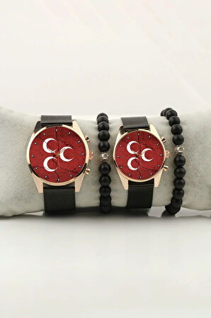 3 Hilal Kırmızı Zemin Tasarım Gold Kasa Çift Kol Saati Set Bileklik Hediye Bay