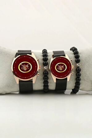 Osmanlı Tuğra Gold Çerçeve Tasarım Gold Kasa Çift Kol Saati Set Bileklik Hediye