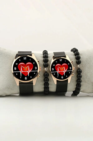 Kalp Ritim Gold Kasa Sevgili Çift Kol Saati Set Bileklik Hediye Bay