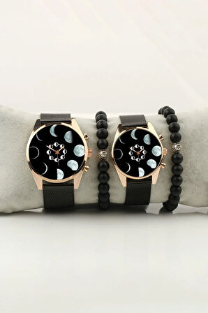 Ay Görüntüleri Gold Kasa Sevgili Çift Kol Saati Set Bileklik Hediye Bay