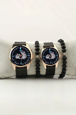 Pusula Dünya Tasarım Gold Kasa Çift Kol Saati Set Bileklik Hediye Bay