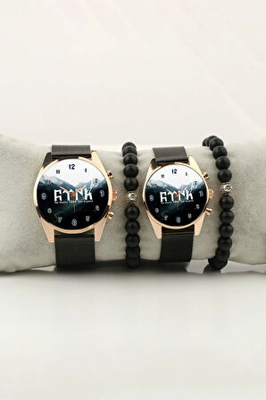 Türk Yazısı Göktürkçe Gold Kasa Çift Kol Saati Set Bileklik Hediye Bay