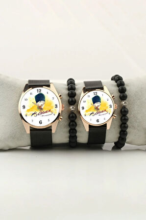 Kemal Atatürk İmza Resim Gold Kasa Çift Kol Saati Set Bileklik Hediye