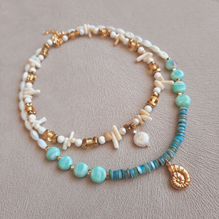 İkili Kombin Sedef İnci Mercan Mavi Beyaz Kolye