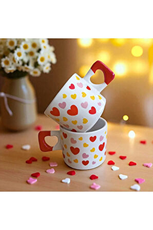 2 li Tatlı Kalpler Desenli Kalp Kulplu El Yapımı Doğal Seramik Mug Kupa Çay Cappuccino Fincanı