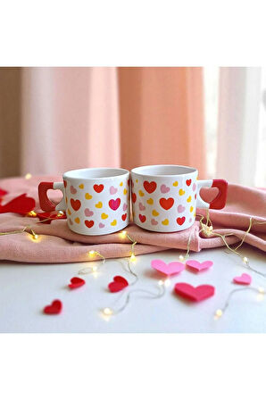 2 li Tatlı Kalpler Desenli Kalp Kulplu El Yapımı Doğal Seramik Mug Kupa Çay Cappuccino Fincanı