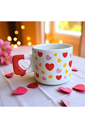 2 li Tatlı Kalpler Desenli Kalp Kulplu El Yapımı Doğal Seramik Mug Kupa Çay Cappuccino Fincanı