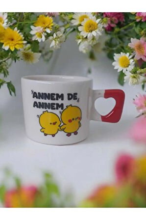 Annem de Annem El yapımı Seramik Kırmızı Kalp Kupa Mug Bardak Çay / Kahve Fincanı