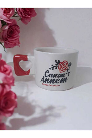 Canım Annem Gül Çizimli El yapımı Seramik Kırmızı Kalp Kupa Mug Bardak Çay / Kahve Fincanı