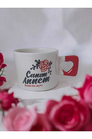 Canım Annem Gül Çizimli El yapımı Seramik Kırmızı Kalp Kupa Mug Bardak Çay / Kahve Fincanı