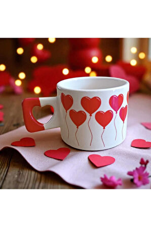 Kırmızı Balon Kalpler Desenli Kalp Kulplu El Yapımı Doğal Seramik Mug Kupa Çay Cappuccino Fincanı